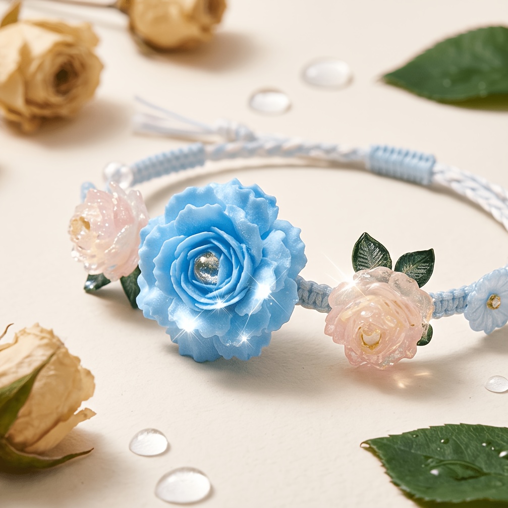 Macaron Blue Pink Gradient Rose Handmade Woven Wristband Bracelet